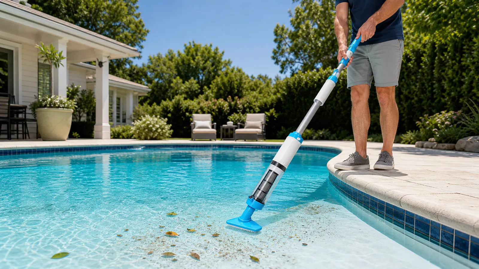 Person using a cordless handheld pool vacuum to remove leaves and sand from a backyard pool