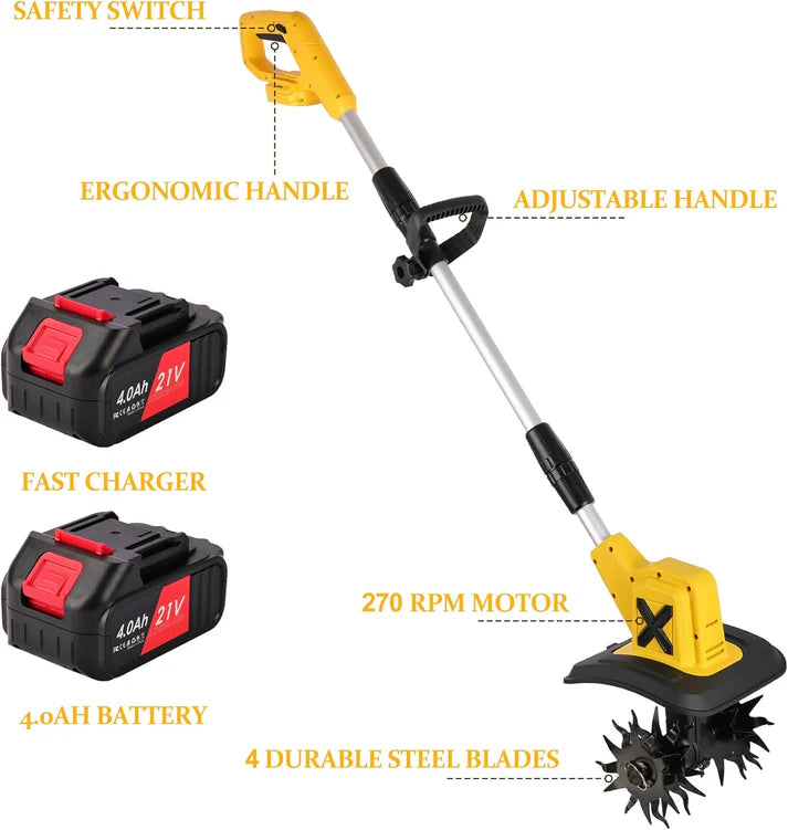 High-Speed 270RPM Rototiller with Dual 21V Batteries for Efficient Soil Cultivation