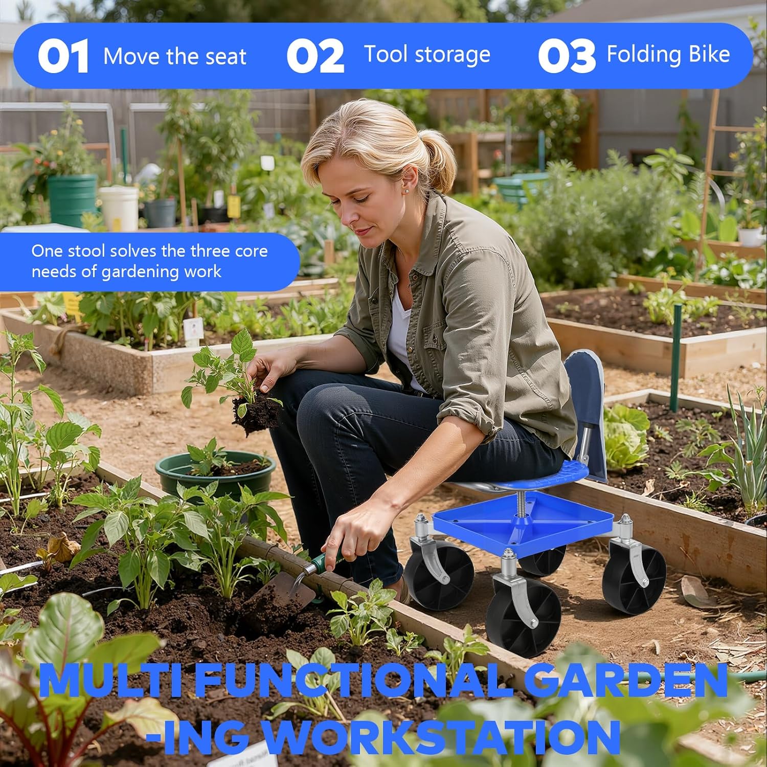 360° Swivel Garden Cart Seat - Adjustable Rolling Gardening Stool with Tool Tray & All-Terrain Wheels