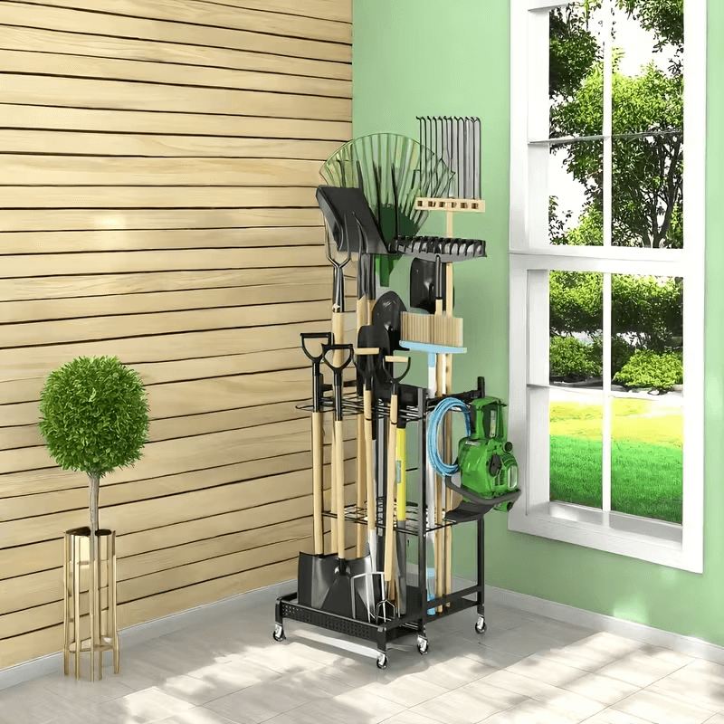 Garden Tool Organizer on Wheels - Heavy-Duty Rolling Tool Rack with Hooks for Yard, Garage & Shed Storage