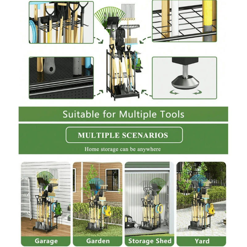 Garden Tool Organizer on Wheels - Heavy-Duty Rolling Tool Rack with Hooks for Yard, Garage & Shed Storage