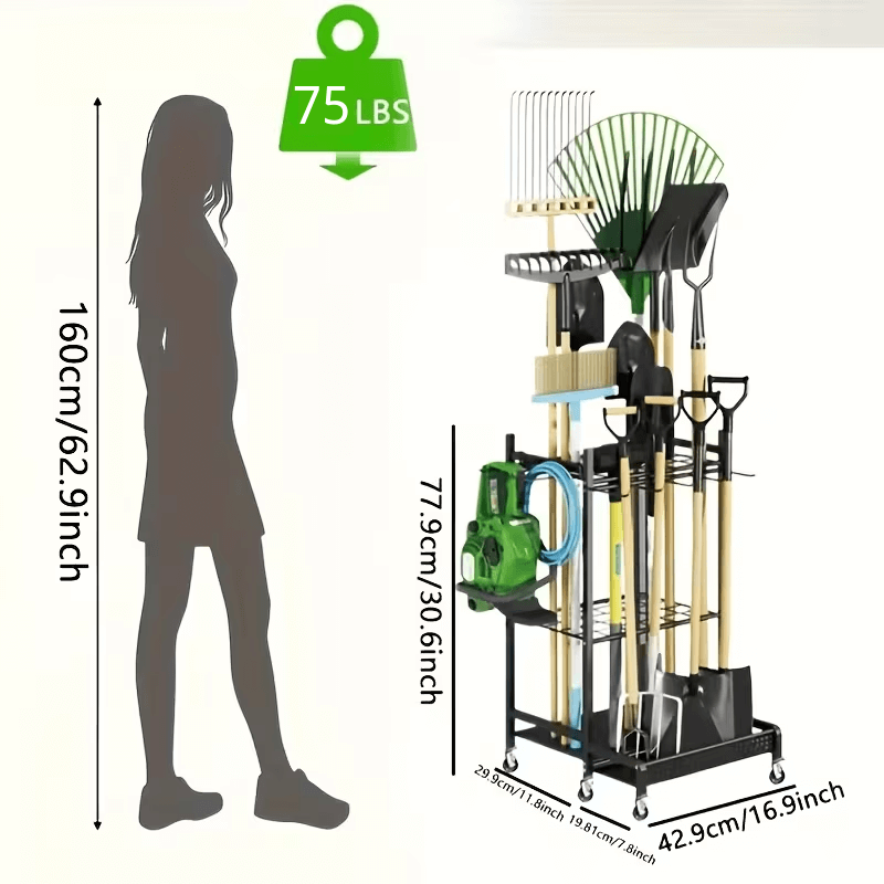 Garden Tool Organizer on Wheels - Heavy-Duty Rolling Tool Rack with Hooks for Yard, Garage & Shed Storage