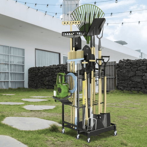 Garden Tool Organizer on Wheels - Heavy-Duty Rolling Tool Rack with Hooks for Yard, Garage & Shed Storage
