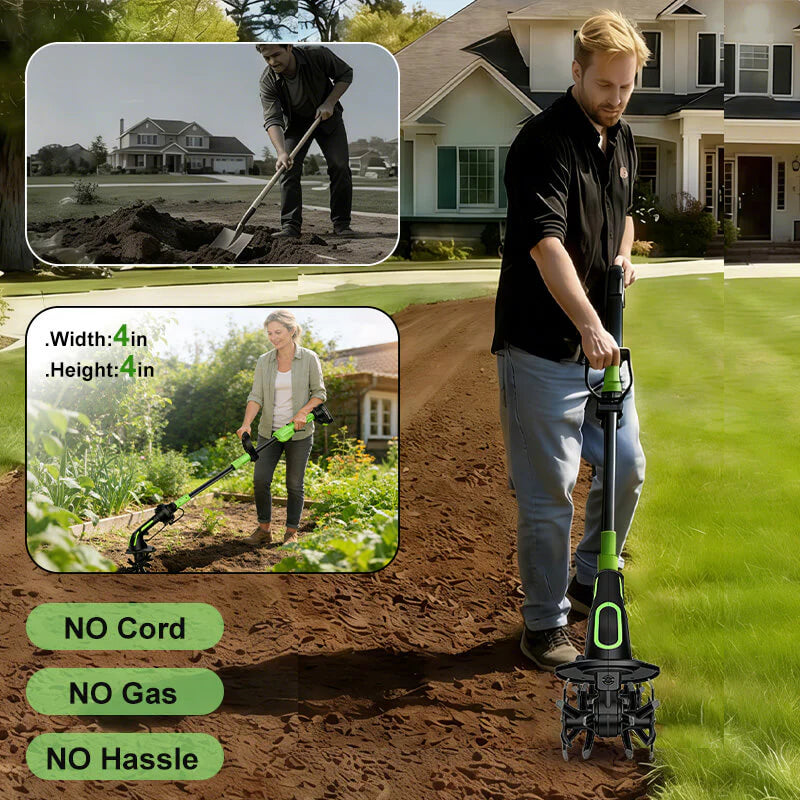 2-in-1 Cordless Tiller Cultivator with Extension Pole - Lightweight Electric Garden Tiller for Soil Loosening & Weeding