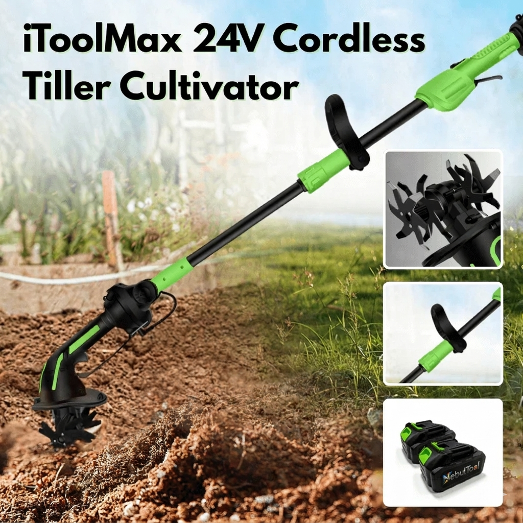 2-in-1 Cordless Tiller Cultivator with Extension Pole - Lightweight Electric Garden Tiller for Soil Loosening & Weeding