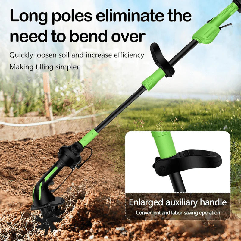 2-in-1 Cordless Tiller Cultivator with Extension Pole - Lightweight Electric Garden Tiller for Soil Loosening & Weeding