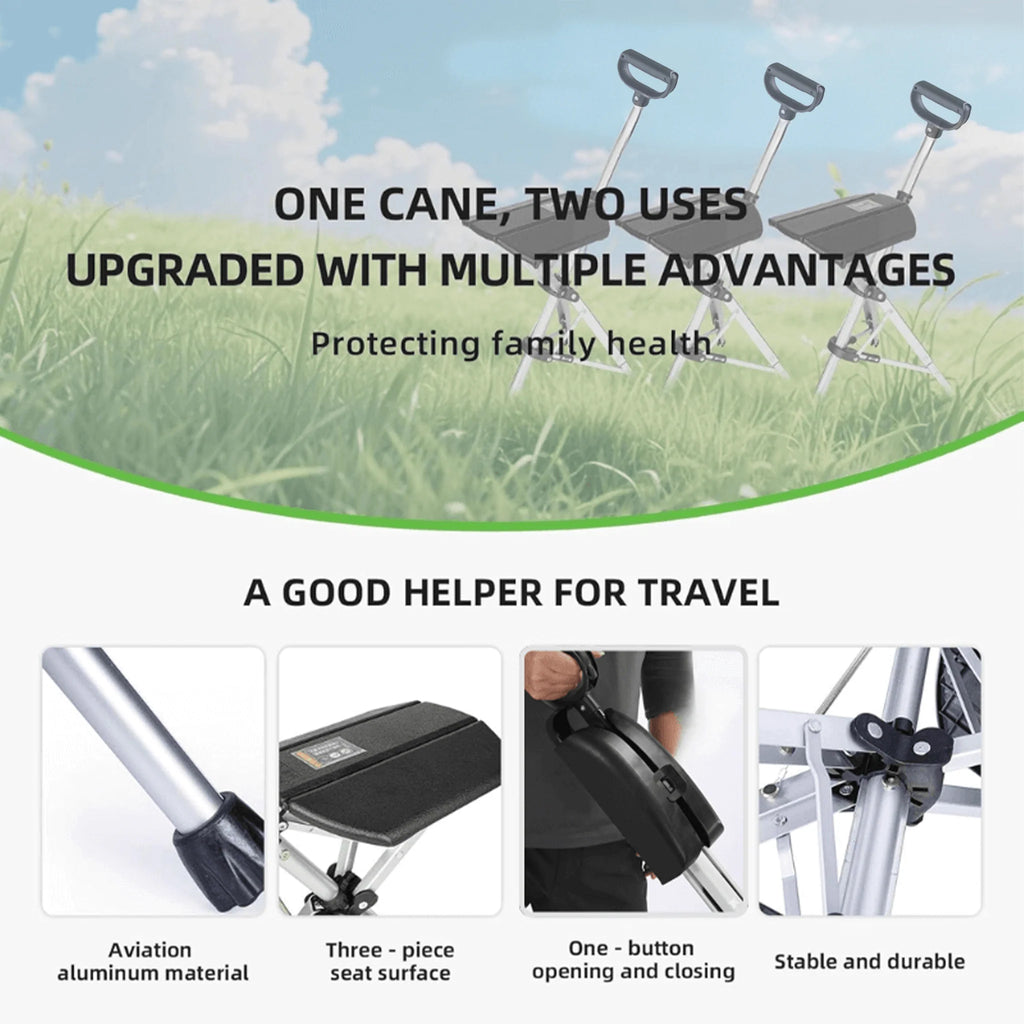 Folding Walking Stick with Seat - 2-in-1 Portable Walking Cane Chair for Seniors & Travel