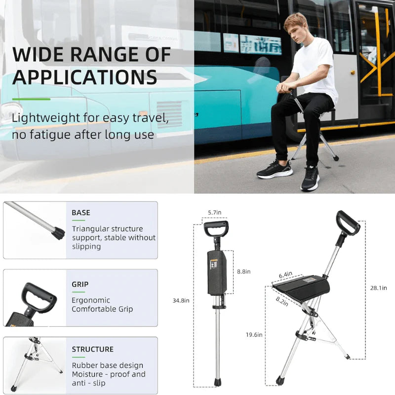 Folding Walking Stick with Seat - 2-in-1 Portable Walking Cane Chair for Seniors & Travel